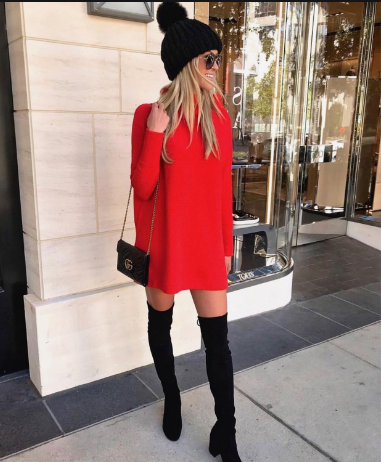 Red Dress with Boots, Sandals, and Black Heels